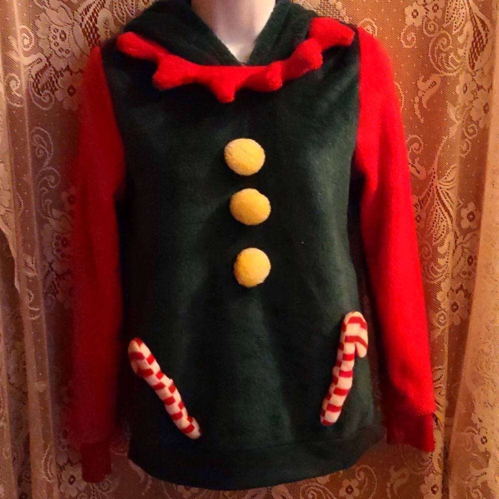 No Boundaries Juniors size S‎ Elf hooded fleece top candy cane accents